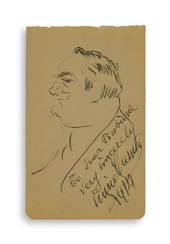 CARUSO, ENRICO. Ink drawing, Signed and Inscribed, To dear Bubina / Very sincerely, self-caricature, showing his bust in profile.